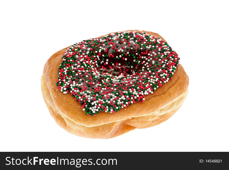 A single donut with chocolate icing and sprinkles on white. A single donut with chocolate icing and sprinkles on white