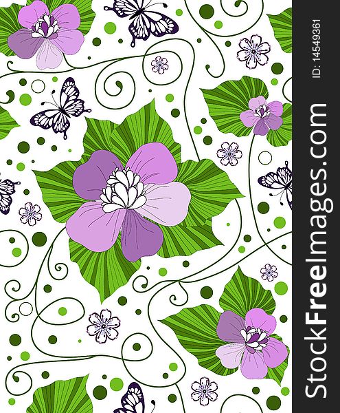 Seamless floral pattern with curls and butterflies