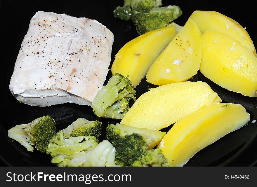 Mahi-Mahi with steamed potato and broccoli. Mahi-Mahi with steamed potato and broccoli.