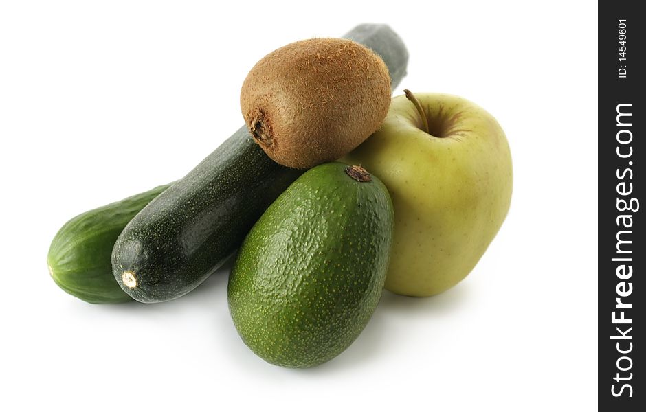 Different fruits and vegetables on white background