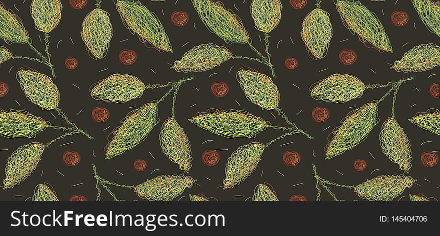 Seamless pattern of leaves and fruits.