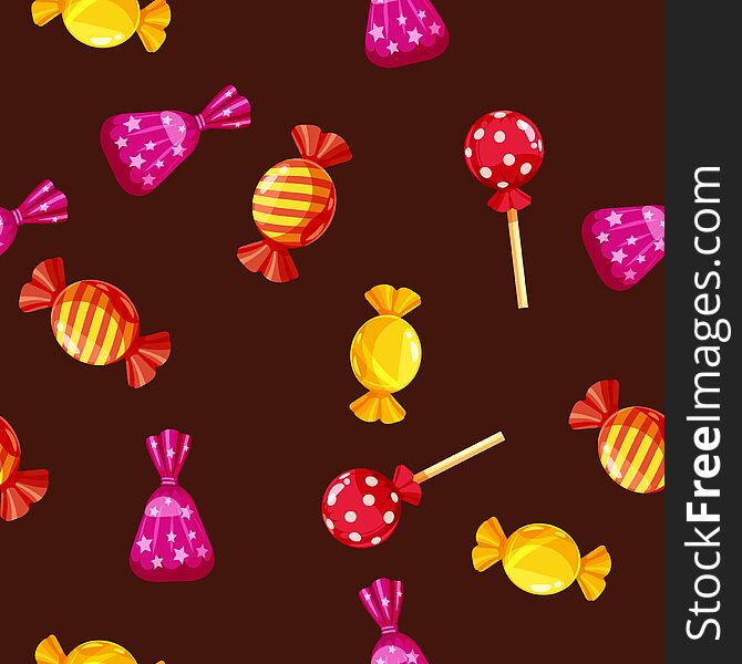 Seamless pattern of colored chocolates in a pack, caramel, chocolate. Cute ornament for packaging, fabric, background
