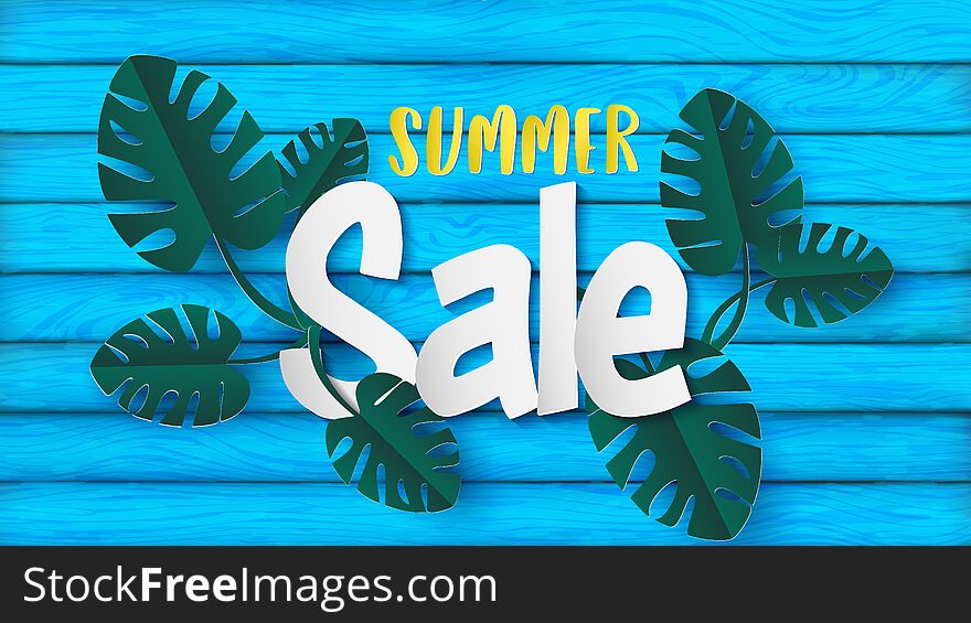 Summer banner in the paper craft style come with monstera leaves or swiss cheese plant and summer sale text put over the light blue plank of wood