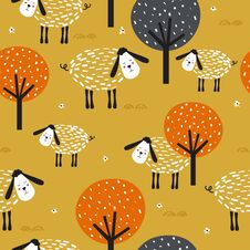 Free Sheeps And Trees, Decorative Cute Background. Colorful Seamless Pattern With Animal Stock Photo - 145474820