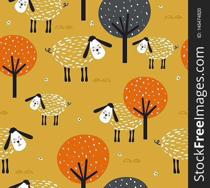 Sheeps And Trees, Decorative Cute Background. Colorful Seamless Pattern With Animal