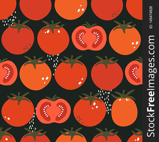 Fresh tomatoes, hand drawn colorful seamless pattern. Decorative background with vegetables