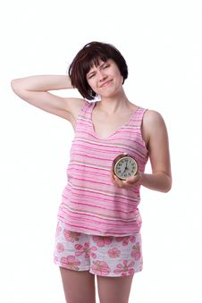Sleepy Woman Holding Alarm Clock Royalty Free Stock Images Sleepy Woman Holding Alarm Clock Royalty Free Stock Images