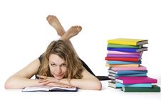 Girl Lying On Floor And Reading, Looking At Camera Stock Photo Girl Lying On Floor And Reading, Looking At Camera Stock Photo