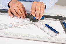 Architect Working On Architectural Plans Stock Images