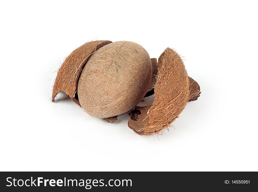 Broken coconut on white background