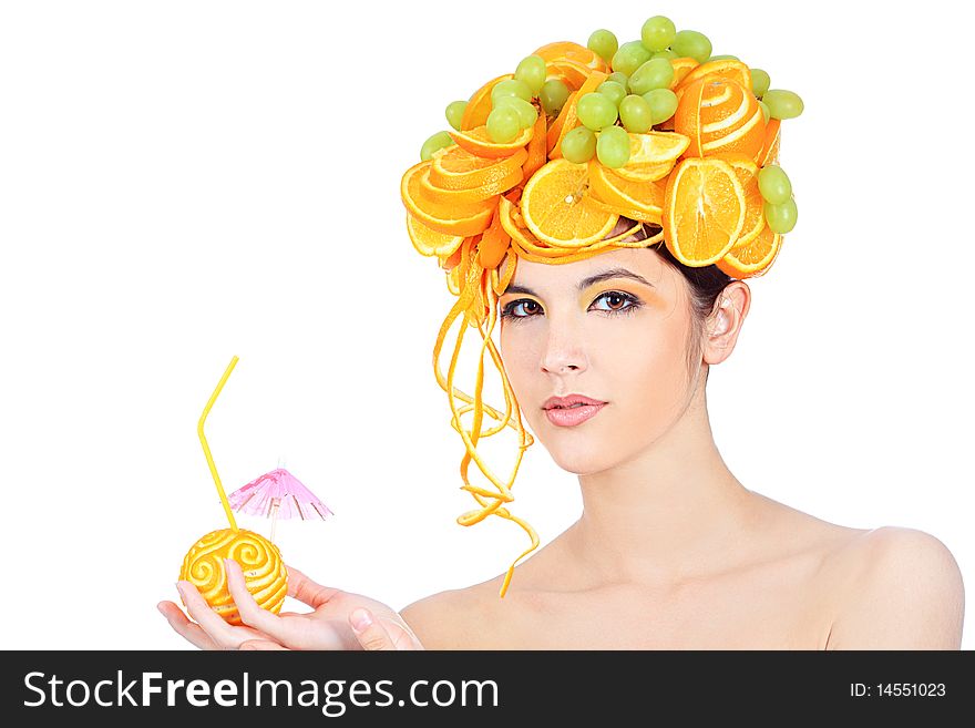 Shot of a beautiful young woman with fruits headwear. Food concept, healthcare. Shot of a beautiful young woman with fruits headwear. Food concept, healthcare.