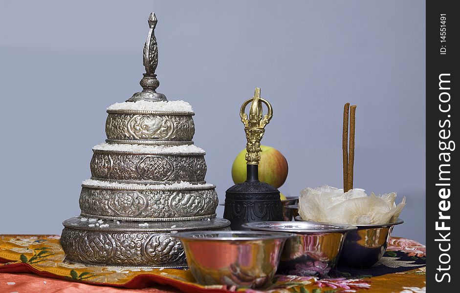 Still life - a set of items used during the ceremony of creating mandala