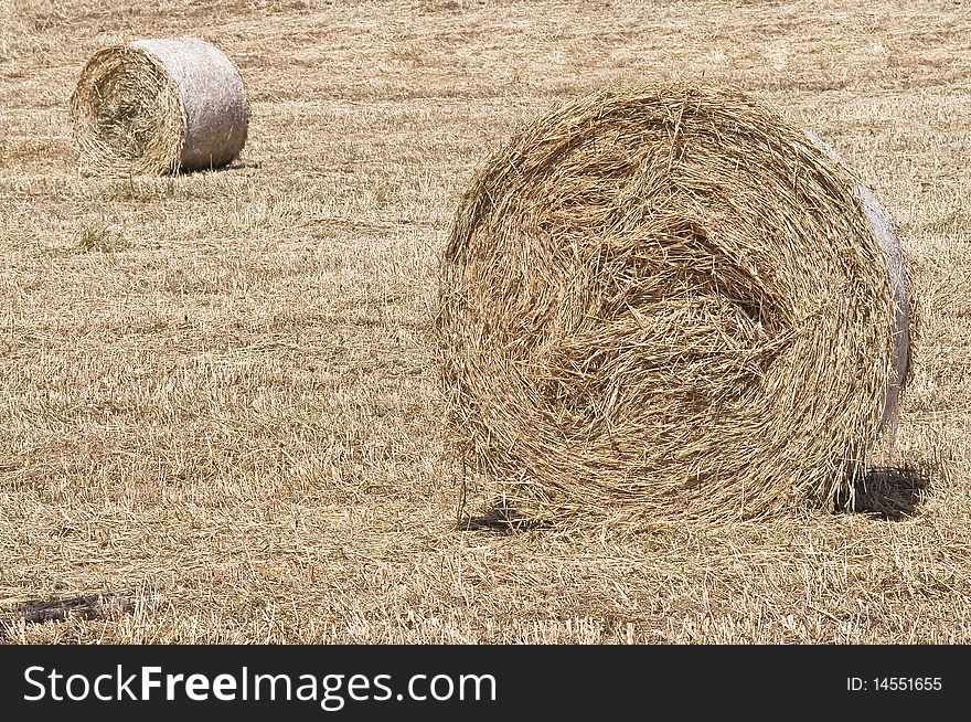 Bales of hay with the countryside and sky background