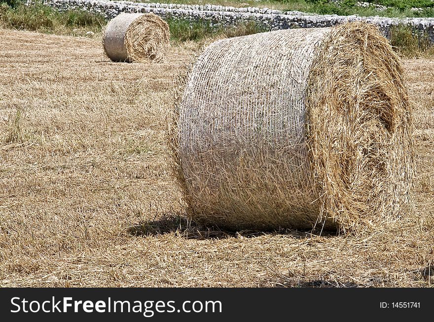 Bales of hay with the countryside and sky background