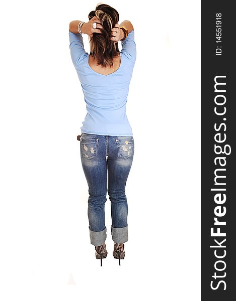 A pretty tall young girl standing with her back to the camera, shooing her
nice butt, in high heels, jeans and blue sweater for white background. A pretty tall young girl standing with her back to the camera, shooing her
nice butt, in high heels, jeans and blue sweater for white background.