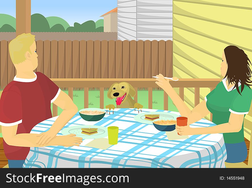 A hungry dog peaks over a table where a married couple is eating lunch on the deck of their backyard. A hungry dog peaks over a table where a married couple is eating lunch on the deck of their backyard.