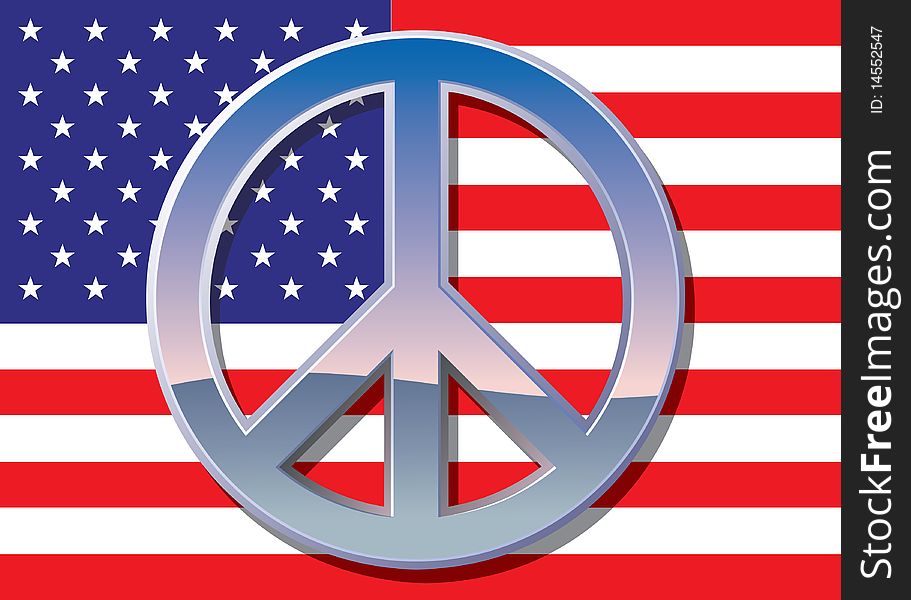 Chrome peace sign on top of American Flag. Chrome peace sign on top of American Flag.