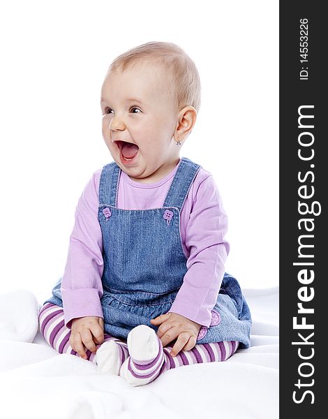 Photo of adorable young girl on white background