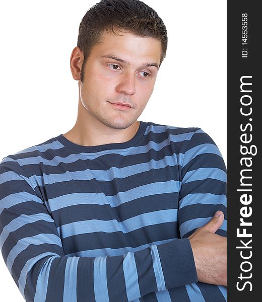 Portrait of young man with hands folded isolated on white background