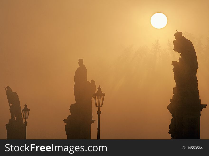 Czech republic prague - charles bridge on foogy morning. Czech republic prague - charles bridge on foogy morning