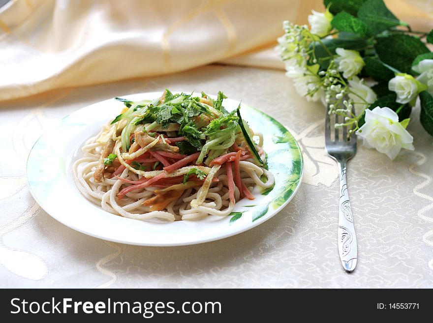 Chinese cold noodle, eggs, cucumber, and vegetables. Chinese cold noodle, eggs, cucumber, and vegetables.