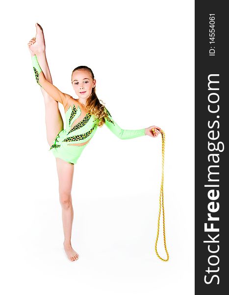 Little gymnast with the skipping rope on white background