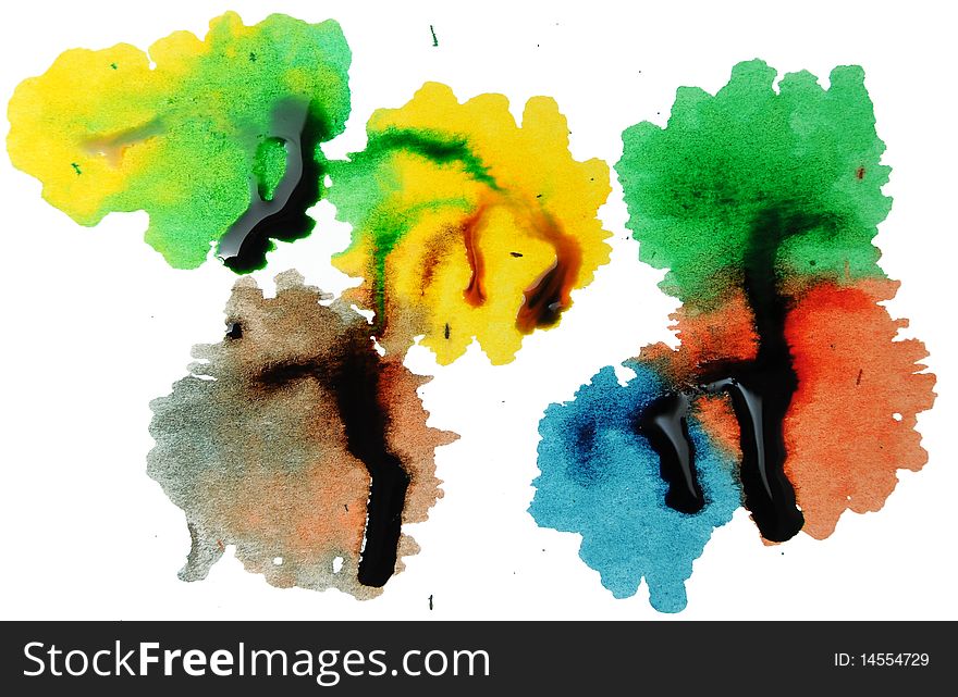 Abstract closeup photograph of colorful ink and paint splotches, splatters, dabs, dribbles, and splatters isolated on a white background. Abstract closeup photograph of colorful ink and paint splotches, splatters, dabs, dribbles, and splatters isolated on a white background.