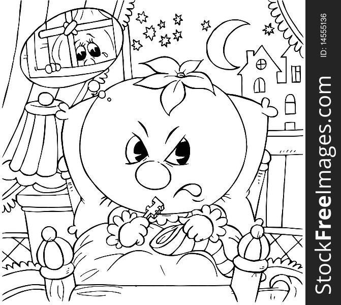 Black-and-white illustration (coloring page) with a character of a tale: Tomato in his bedroom. Black-and-white illustration (coloring page) with a character of a tale: Tomato in his bedroom