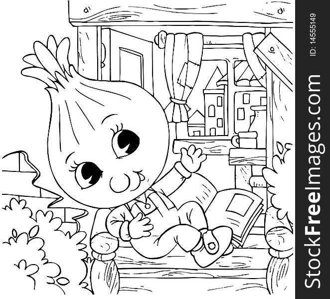 Black-and-white illustration (coloring page): Little Onion sitting on the threshold of his house