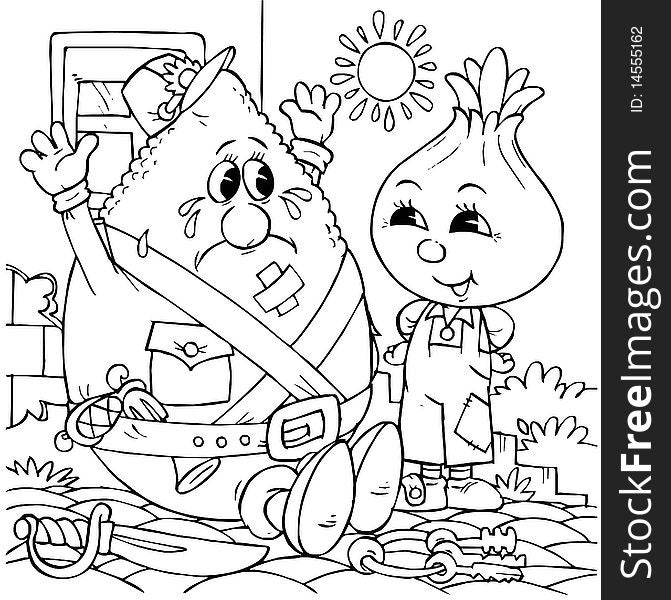 Black-and-white illustration (coloring page): Little Onion and Lemon soldier