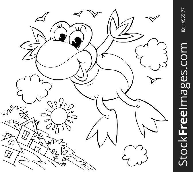 Black-and-white illustration (coloring page): frog flies over a town like a bird. Black-and-white illustration (coloring page): frog flies over a town like a bird