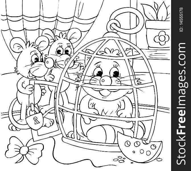 Black-and-white illustration (coloring page): mice make fun of a cat sitting in a cage. Black-and-white illustration (coloring page): mice make fun of a cat sitting in a cage