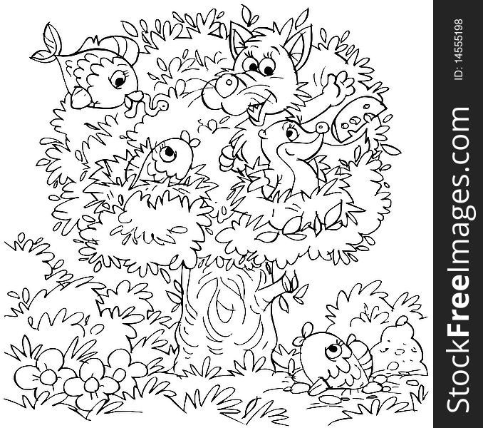 Black-and-white illustration (coloring page): joke tree with fishes, wolf and mole. Black-and-white illustration (coloring page): joke tree with fishes, wolf and mole