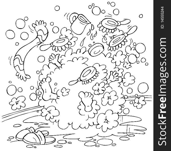 Black-and-white illustration (coloring page): brushes wash a boy in lather. Black-and-white illustration (coloring page): brushes wash a boy in lather