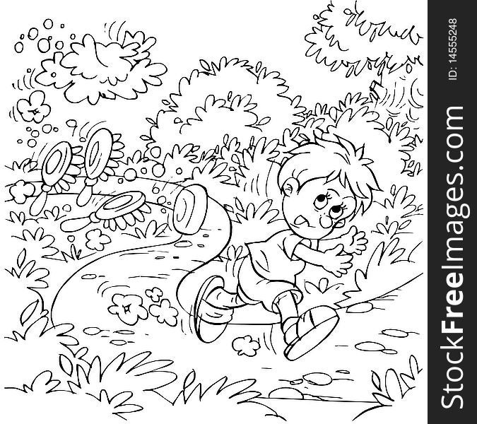 Black-and-white illustration (coloring page): boy fleeing along a path in a park. Black-and-white illustration (coloring page): boy fleeing along a path in a park