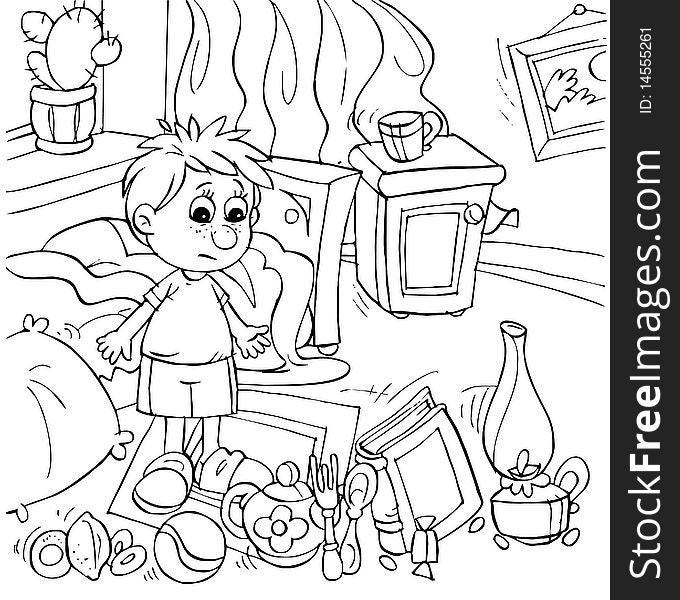 Black-and-white illustration (coloring page): nursery in a mess. Black-and-white illustration (coloring page): nursery in a mess