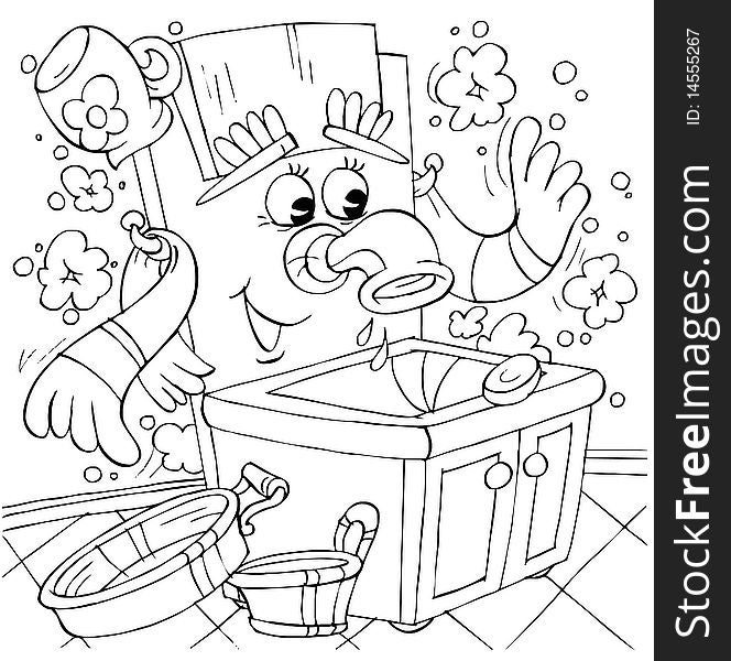 Black-and-white illustration (coloring page): funny washstand (fairytale character)
