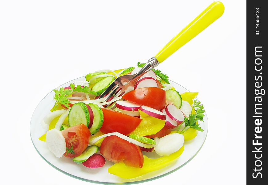 Vegetable salad in plate with fork