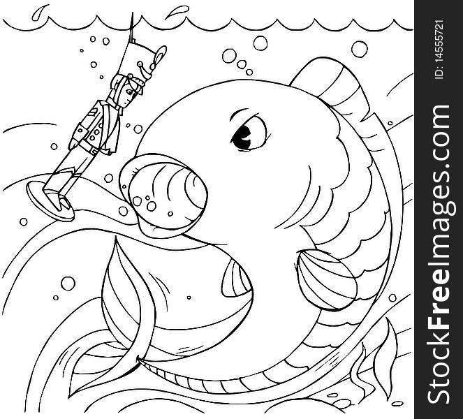 Black-and-white illustration (coloring page): a big fish wants to swallow the Constant Tin Soldier. Black-and-white illustration (coloring page): a big fish wants to swallow the Constant Tin Soldier