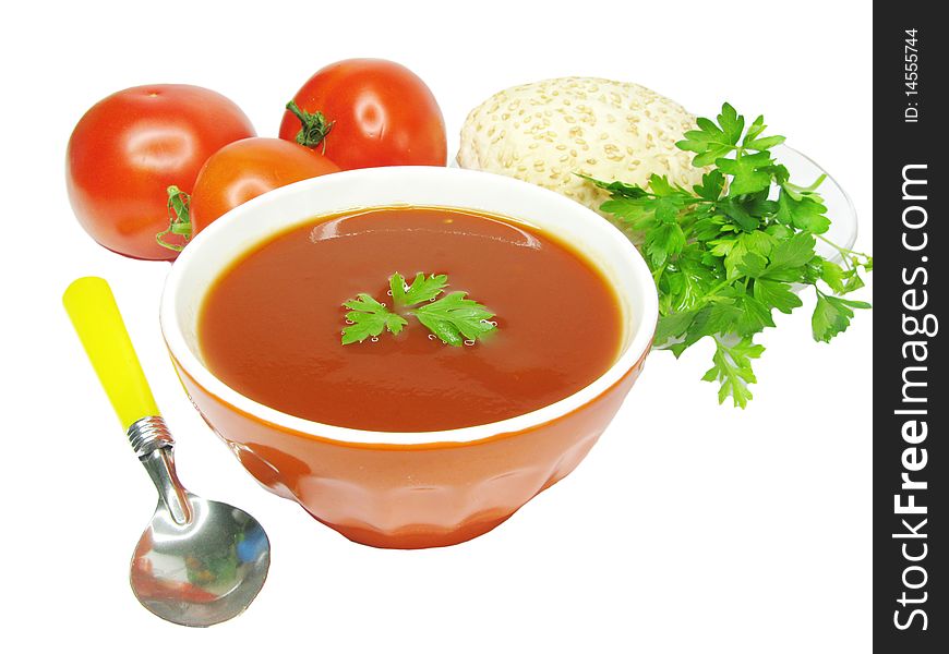 Soup with tomato vegetables parsley and sesame bread. Soup with tomato vegetables parsley and sesame bread