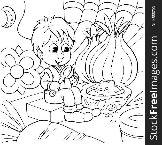 Black-and-white illustration (coloring page): Tom Thumb sits on a table with vegetables