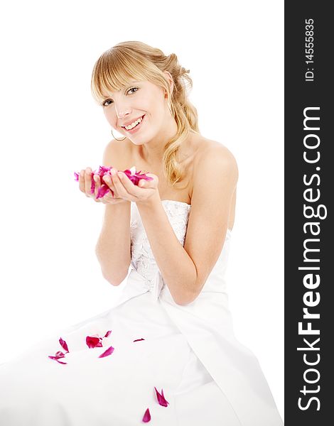 Bride with flower petals isolated on white