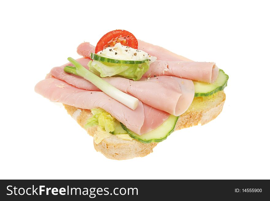 Open ham salad sandwich isolated on white