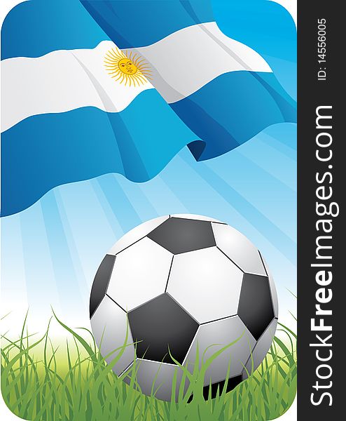2010 championship Cup theme with a classic ball on the grass and Argentinean flag. 2010 championship Cup theme with a classic ball on the grass and Argentinean flag