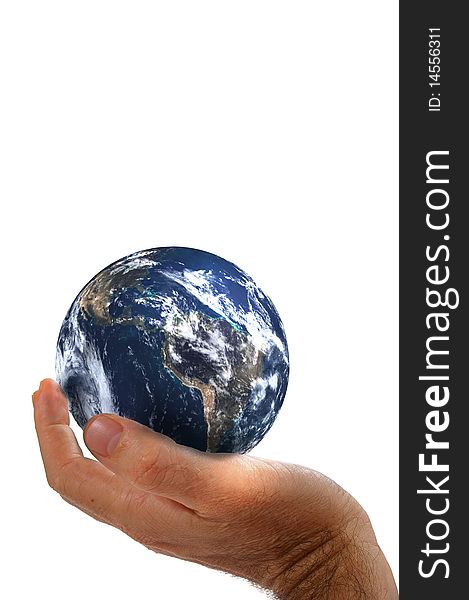 Isolated over white human male  hand earth concept. Isolated over white human male  hand earth concept