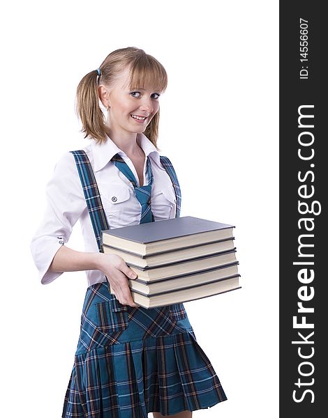 Schoolgirl With Stack Of Book.