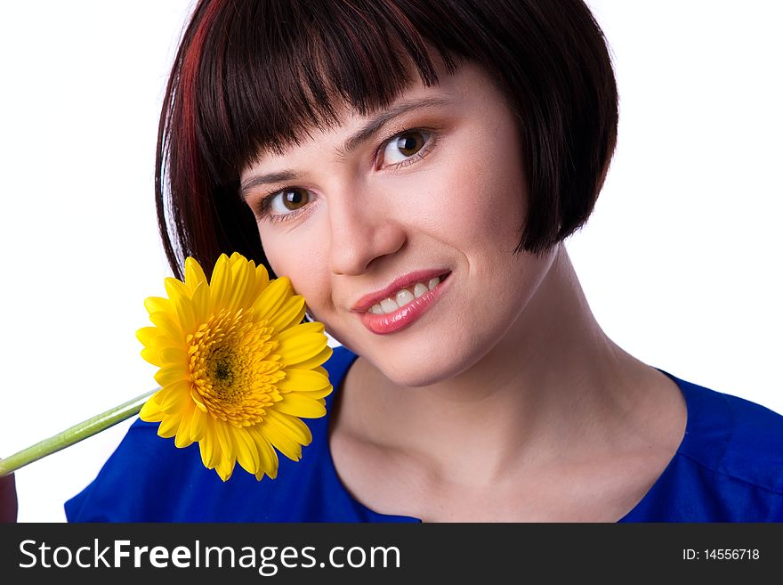 Woman with flower. Picture of happy blond with and yellow flower isolated on white background.