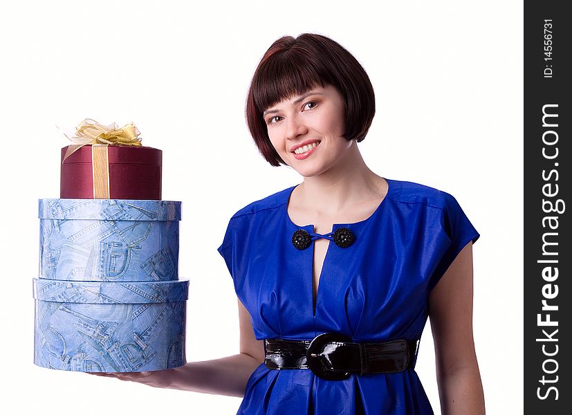 Young woman holding several bags. Excited Shopping Woman isolated on white