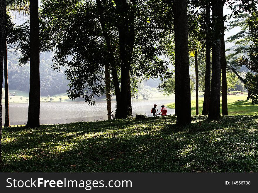 Cyclists taking a break by a Lake in A Botanical Garden. Cyclists taking a break by a Lake in A Botanical Garden