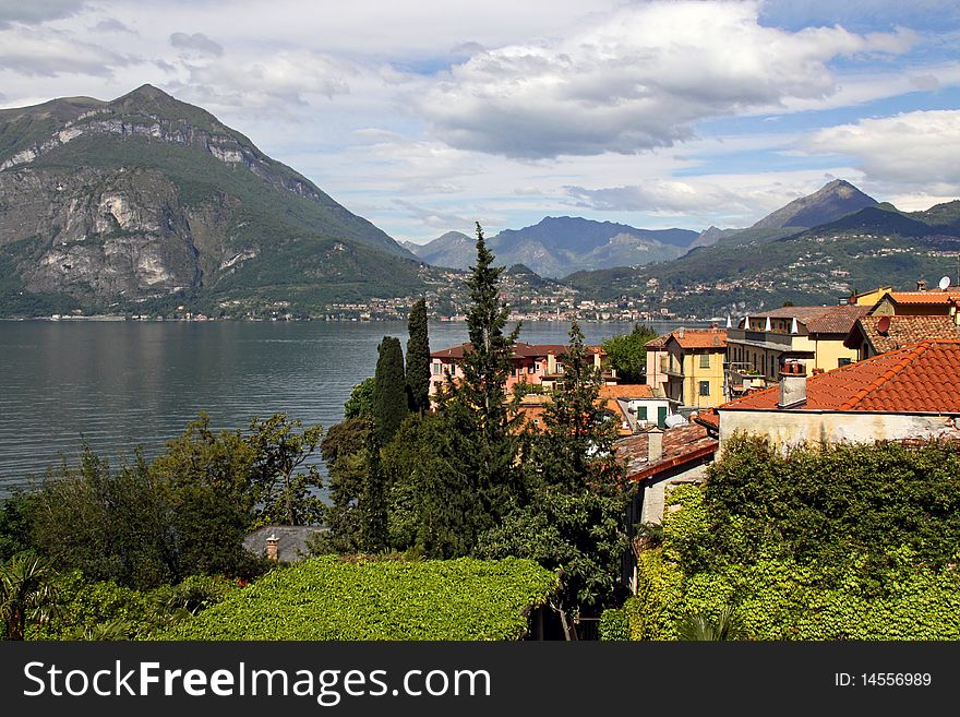 View of houses and mountains at Lake Como in Italy. View of houses and mountains at Lake Como in Italy